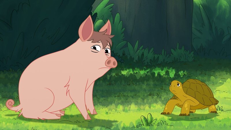 Das Schwein Ronnie ist traurig, denn es weiß nicht wohin, nachdem es ausgesetzt wurde. Törtel versucht zu helfen. – Bild: Caligari /​ ZDF 2024