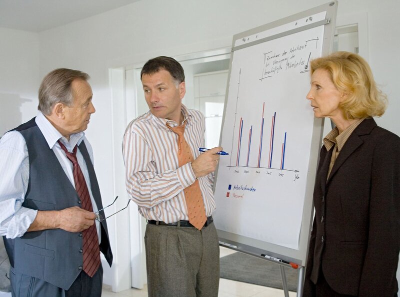 Nach einer durchgearbeiteten Nacht können Prof. Simoni (Dieter Bellmann , li.) und Dr. Heilmann (Thomas Rühmann, mi.) Oberschwester Ingrid (Jutta Kammann, re.) einen Lösungsvorschlag zur Rettung der Sachsenklinik präsentieren. – Bild: MDR/​Krajewski