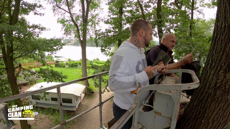 Arbeiter reparieren eine Beleuchtung, die an einem Baum befestigt ist. – Bild: DMAX