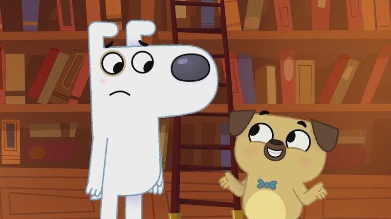 Puck möchte eine Geschichte hören, doch Dog fällt einfach kein Buch ein, das er nicht kennt. – Bild: KiKA/​Dog Loves Productions Limited 2020