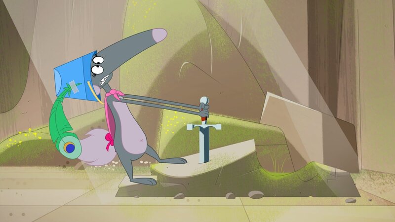 Wolfine gibt alles, doch das Schwert steckt zu fest. – Bild: KiKA/​Samka Productions