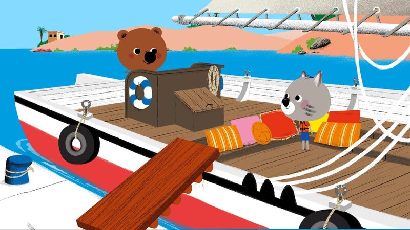 Mouk und Chavapa sind in Ägypten. Zur Erholung haben sie sich zu einer Sightseeing-Bootstour angemeldet. Was die beiden nicht wussten: Sie müssen das Boot selbst segeln! – Bild: KiKA/​Millimages