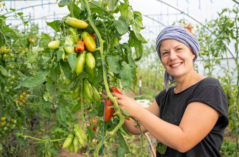 Die fünfte Reise geht ins Bergische Land. In Wipperfürth führt Rahel Kremershof zusammen mit ihrer Familie einen Biohof mit Rindern, Schafen und Hühnern. Um Regenwasser auf abschüssigen Wiesen im Boden zu halten und den Tieren im Sommer Schatten zu bieten, pflanzten sie Baumreihen aus Pappeln, Obst- und Nussbäumen. Ein Projekt, das Geduld fordert. Langfristig soll das vor den Auswirkungen des Klimawandels schützen. – Bild: WDR/​Melanie Grande