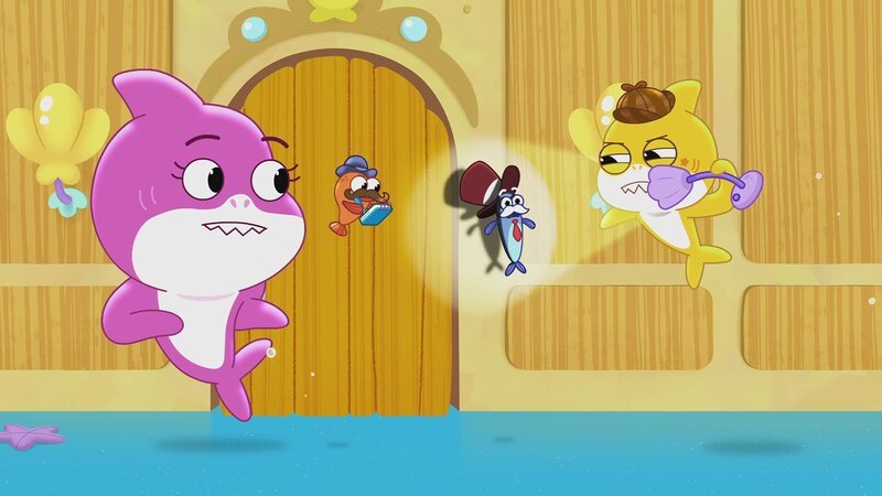 v.li.: Mommy Shark, William Watson, Mayor Anchovy, Detective Baby Shark – Bild: Paramount