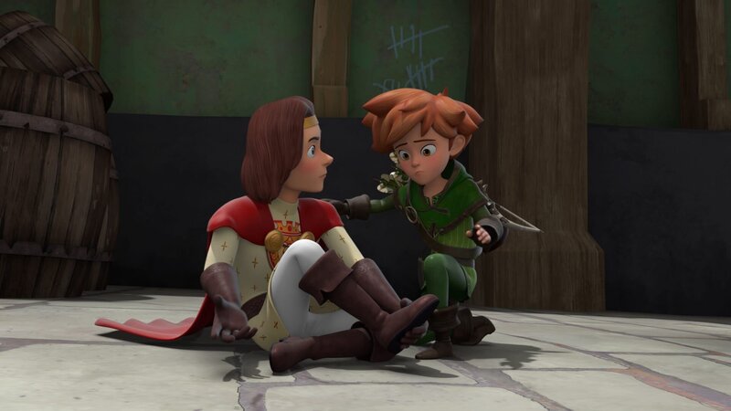 König Richard (li.) hat sich bei einem Sturz den Fuß verletzt. Robin (re.) hilft ihm. – Bild: ZDF