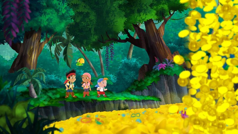 „Disneys Jake und die Nimmerland Piraten“, „Piraten-Freunde unter sich /​ Der Schatz der Schatzfälle.“ Der Schatz der Schatzfälle Cubby baut eine Megamonstermurmelbahn und verliert gleich bei der Einweihung seine geliebte Schädel- und Knochenmurmel. Wie gut, dass er eine Schatzkarte findet, die zu den Schatzfällen führt, die tief im Dschungel liegen. Wer jedoch nur das kleinste Goldstück von dort entwendet, bleibt ewig hinter einer Mauer an Dornenhecken gefangen. Trotzdem machen sich die Kinder auf, die Schatzfälle zu finden. – Bild: ORF