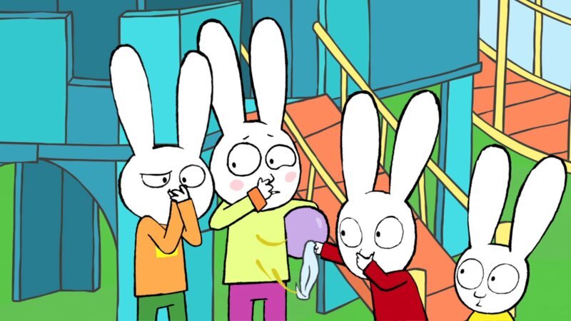 Simon (M. r.) und Franz (r.) schaffen es, die fiesen Jungs vom Spielplatz (l.) mit Hilfe des übel stinkenden Schmusetuches von Franz zu vertreiben. – Bild: ZDF