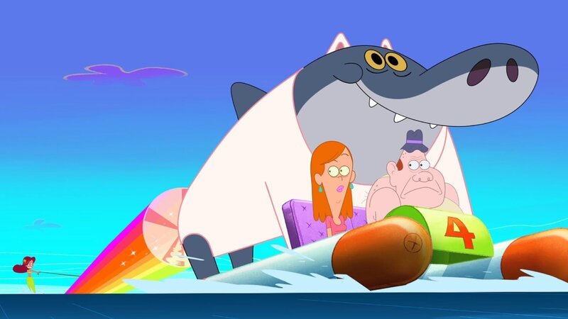 Die Touristen (vorne) fühlen sich durch den Hai Sharko verängstigt. Kann ein Katzenkostüm dabei helfen? – Bild: Xilam Animation