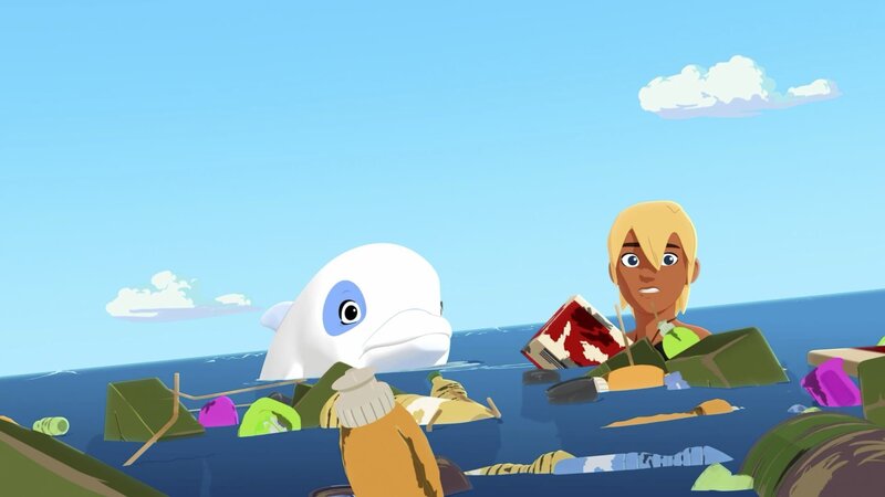 Zoom (l.) und Yann (r.) verstehen nicht, woher diese große Menge an Müll kommt, die plötzlich im Meer schwimmt. – Bild: ZDF