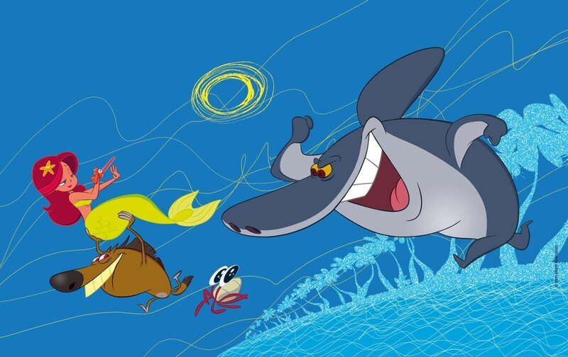 Während Hyäne Zig (li.) die hübsche Meerjungfrau (Mi.) am liebsten verspeisen würde, passt sein bester Freund Sharko (re.) darauf auf, dass ihr niemand ein Haar krümmt. – Bild: CLam Animation