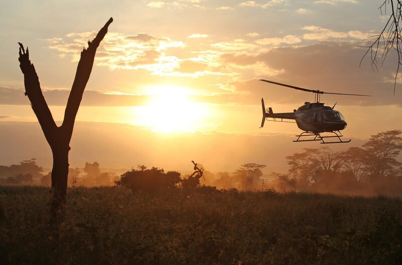 Früh am Morgen startet der Helikopter, um die Nashörner zu orten und zu betäuben – Start der Umsiedelungsaktion. – Bild: SWR/​DOCMA TV/​ Christiane Flechtner