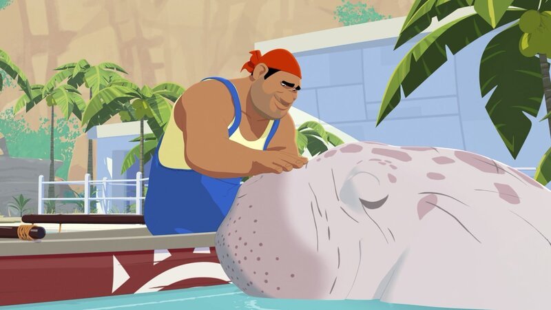 Biff (l.) ist froh, dass sein guter Freund, ein Dugong (r.), im Meeresinstitut in Sicherheit ist. – Bild: ZDF