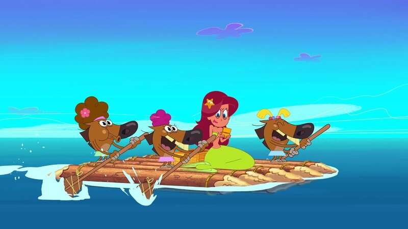 Obwohl Marina (2.v.r.) auf dem Floß mit Zigs hungrigen Nichten über das Meer schippert, ist die Meerjungfrau unbesorgt.  +++ – Bild: Hungriger Besuch /​ © Xilam Animation