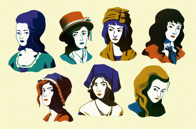 Von links nach rechts, von oben nach unten: Louise de Kéralio, Reine Audu, Catherine Pochetat, Pauline Léon, Claire Lacombe, Olympe de Gouges, Théroigne de Méricourt – Bild: CAPA
