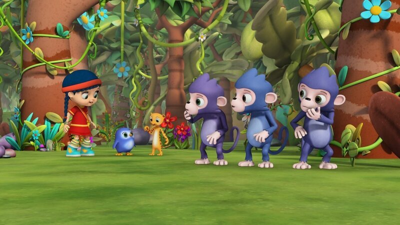 Wissper hat Monty zu Hilfe gerufen. Das Erdmännchen soll den Affen zeigen, wie wichtig es ist, sich gegenseitig zu vertrauen. – Bild: ORF/​STUDIO 100 MEDIA