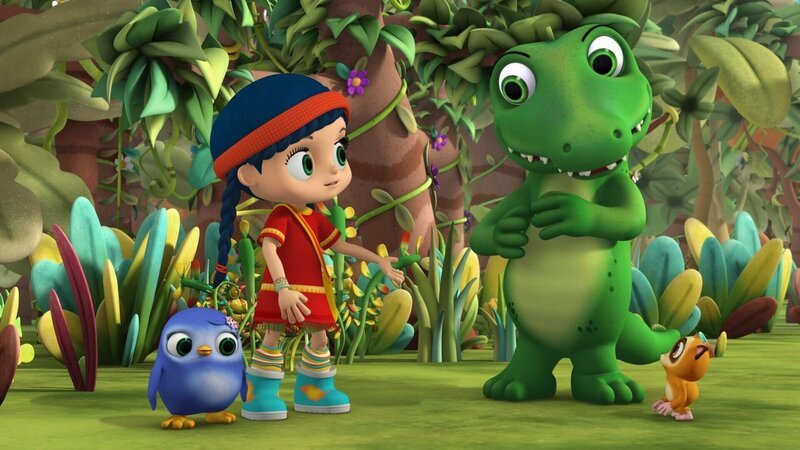 Wissper und Pinguin-Mädchen Peggy haben Kev gerufen. Das Krokodil soll dem kleinen Lori-Mädchen Lotti zeigen, wie man anderen das Fürchten lehrt. – Bild: ORF/​STUDIO 100 MEDIA