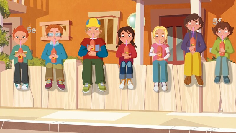 Die Kinder beim „Zaunsitzen und Ketchupflaschen-In-Einem-Zug-Mit-Strohhalm-Leertrinken.“ – Bild: ZDF/​WunderWerk