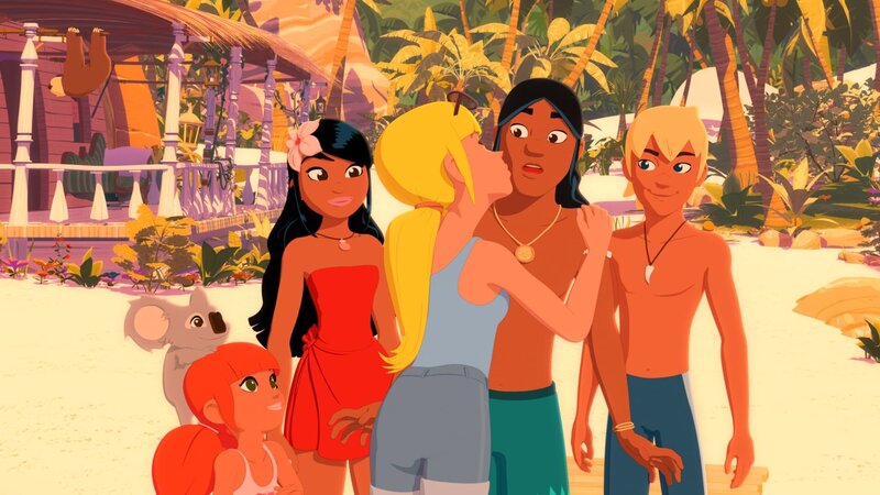 Clarissa (M.v.) ist neu auf Maotou und freut sich, in Marina (l.), Timeti (2.v.l.), Auru (2.v.r.) und Yann (r.) gute neue Freunde gefunden zu haben. – Bild: KiKA