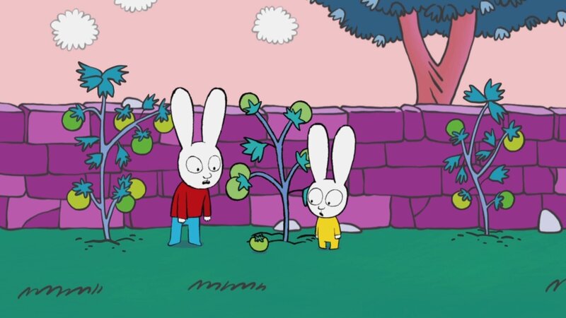 Simon (l.) und Franz (r.) sind verwundert über die grünen Tomaten in Opas Gemüsegarten. Normalerweise kennen sie nur rote Tomaten. – Bild: ZDF und © GO-N Productions 2016./​© GO-N Productions 2016