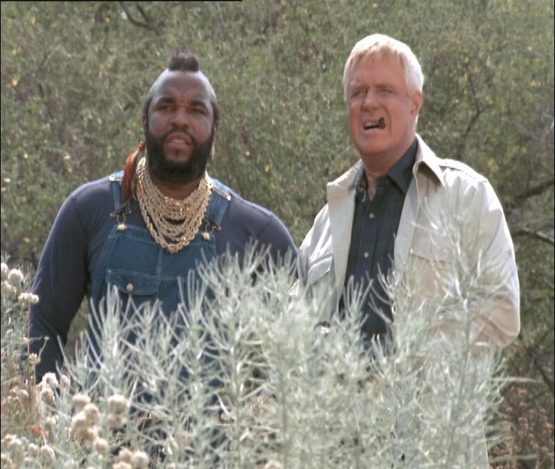 Hannibal (George Peppard) und B.A. (Mr.T) nehmen das entführte Flugzeug ins Visier. – Bild: RTL II
