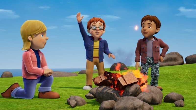 Ein gemütliches Lagerfeuer konnte bereits in der Steinzeit vor Kälte schützen, Norman muss jedoch lernen, dass es auch Gefahren birgt. – Bild: KiKA/​2024 Prism Art & Design Limited