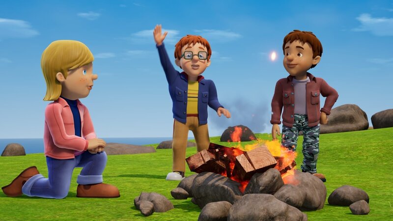 Ein gemütliches Lagerfeuer konnte bereits in der Steinzeit vor Kälte schützen, Norman muss jedoch lernen, dass es auch Gefahren birgt. – Bild: KiKA/​2024 Prism Art & Design Limited