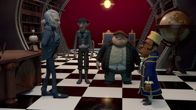 Graylock (links) hat Herzog Miteo (rechts) einbestellt, um ihm die weiteren Pläne für das „Große Umghard“ vorzustellen. Seine Handlanger Spinoza (Mitte links) und Humbert (Mitte rechts) wohnen dem Gespräch bei. – Bild: ZDF