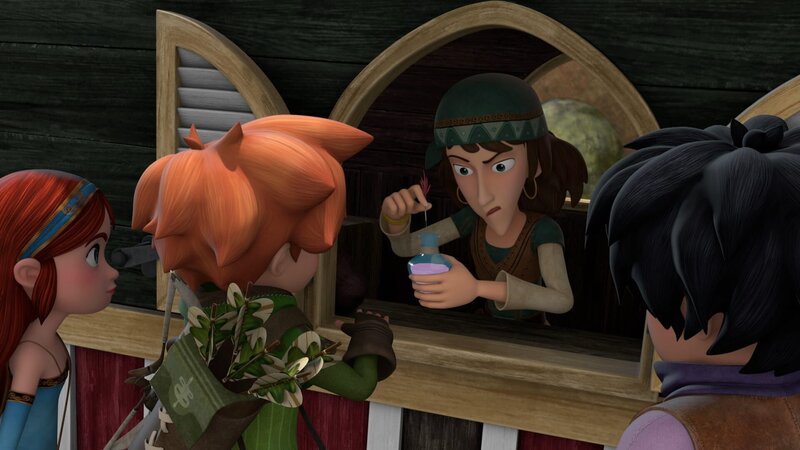 Die Kräuterfrau (2.v.re.) bestätigt Robin (2.v.li.) und seinen Freunden, dass Prinz John von einem Giftpfeil getroffen wurde. – Bild: ZDF