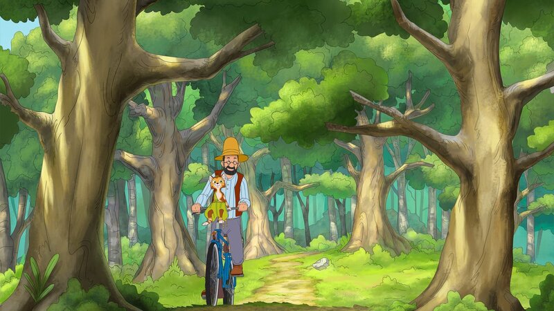 Wenn Pettersson und Findus mit dem Fahrrad unterwegs sind, sitzt der kleine Kater am liebsten vorne auf der Lenkstange. – Bild: ZDF