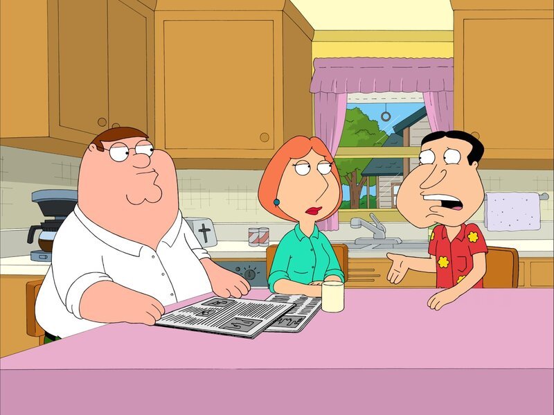 Quagmire (r.) erzählt Lois (M.) und Peter (l.) ganz aufgeregt, dass sein Vater, der hochdekorierte Kriegsheld, Dan Quagmire, in die Stadt kommt. – Bild: Twentieth Century Fox Film Corporation