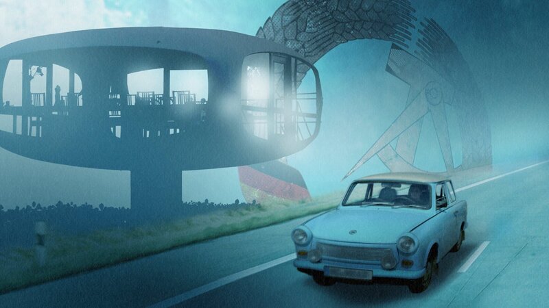 Die DDR – eine Gesellschaft zwischen Mangelwirtschaft und erstaunlichen Erfolgen: Einerseits international beachtete Baukunst, wie der Rettungsturm im Ostseebad Binz, andererseits der oft als „Rennpappe“ belächelte Trabant. – Bild: ZDF und Jörn Peper