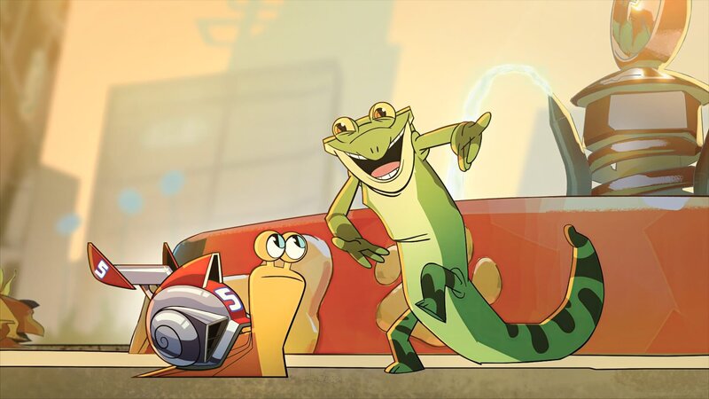 Ace Gecko, eine gemeine Eidechse, provoziert Turbo zu einem Wettrennen. – Bild: ORF/​Universal