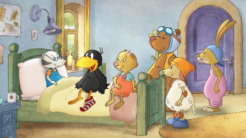 Socke und seine Freunde überbringen dem kleinen Dachs eine frohe Botschaft. – Bild: SWR/​Akkord Film