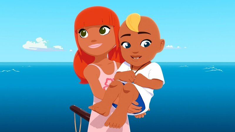 Marina (l.) hält den kleinen Neffen (r.) von Anita auf dem Arm. Sie hält den kleinen Tim für ihren Bruder Yann, der durch ein Verjüngungsmittel vermeintlich wieder zum Baby geworden ist. – Bild: ZDF