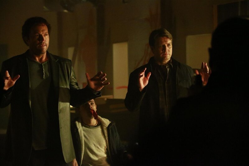 Auf der Suche nach einem Mörder stoßen Castle (Nathan Fillion, r.) und Detective Slaughter (Adam Baldwin, r.) auf den genialen jugendlichen Straftäter Louis Prince (Brett DelBuono, M.) … – Bild: 2015 American Broadcasting Companies, Inc. All rights reserved. /​ Mitchell Haaseth Lizenzbild frei