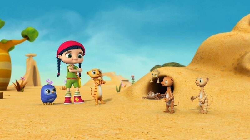 Gemeinsam versuchen Pinguin-Mädchen Peggy, Wissper und Monty, die kleinen Erdmännchen in Schach zu halten. – Bild: ORF/​STUDIO 100 MEDIA