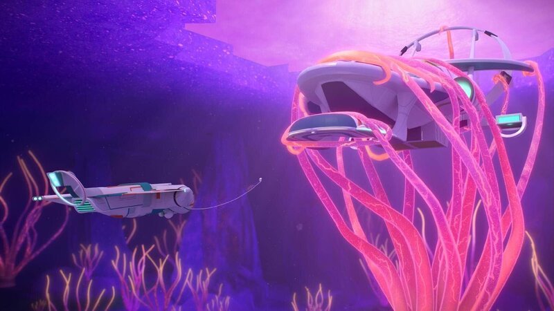 Auf ihrer Mission verheddert sich das Raumschiff der Novas in selbstleuchtendem Seetang. Doch die Ranken üben einen enormen Druck auf Eureka aus, dem das das Sicherheitsschild nicht lange standhalten kann. Blöd nur, dass der Seetang bei jedem Start der Triebwerke das Raumschiff angreift. Hugo und Josie versuchen mit dem Sterngleiter die Ranken zu lösen. – Bild: SLR Productions Pty Ltd/​Giggle Garage Sdn Bhd/​Create NSW and Screen Australia