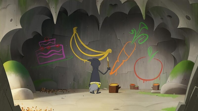 Hungrig malt Wolf seine Essenswünsche an eine Höhlenwand. – Bild: KiKA/​Samka Productions