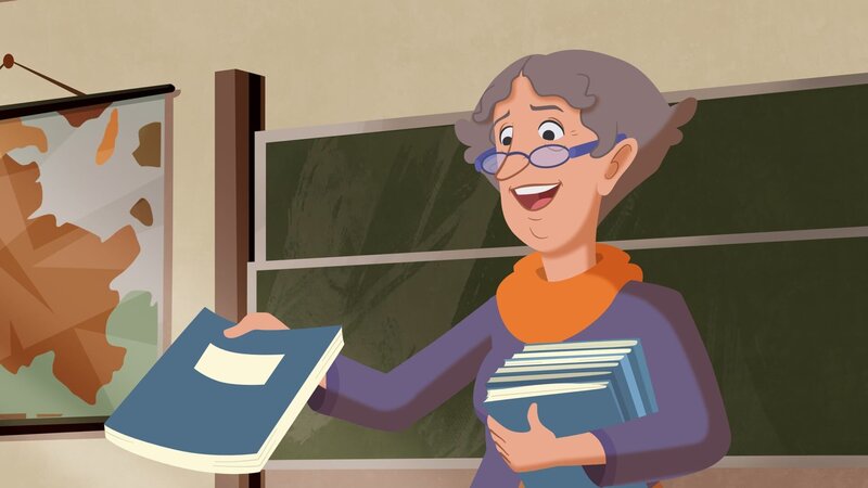 Frau Streng hat die Klassenarbeiten korrigiert. – Bild: ZDF/​WunderWerk