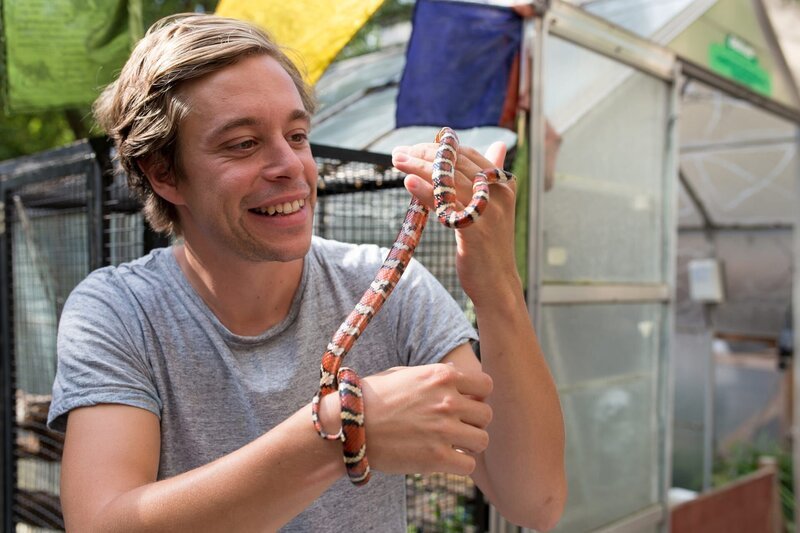 Checker Tobi mit einer ungiftiger Königsnatter in der Reptilienauffangstation München. – Bild: BR/​megaherz GmbH/​Hans-Florian Hopfner