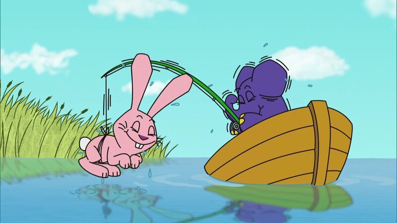 Hase und Elefant angeln zusammen. – Bild: WDR
