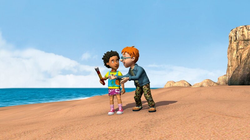 Mandy hat eine Leuchtrakete gefunden, und Norman möchte sie starten lassen. – Bild: KiKA/​HIT Entertainment