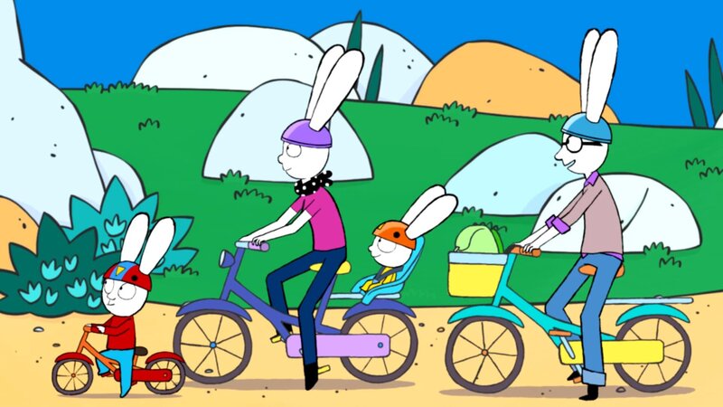 Für Simon (l.), Mama (2.v.l.), Franz (2.v.r.) und Papa (r.) gibt es bei ihrer Familien-Radtour viel zu entdecken. – Bild: ZDF