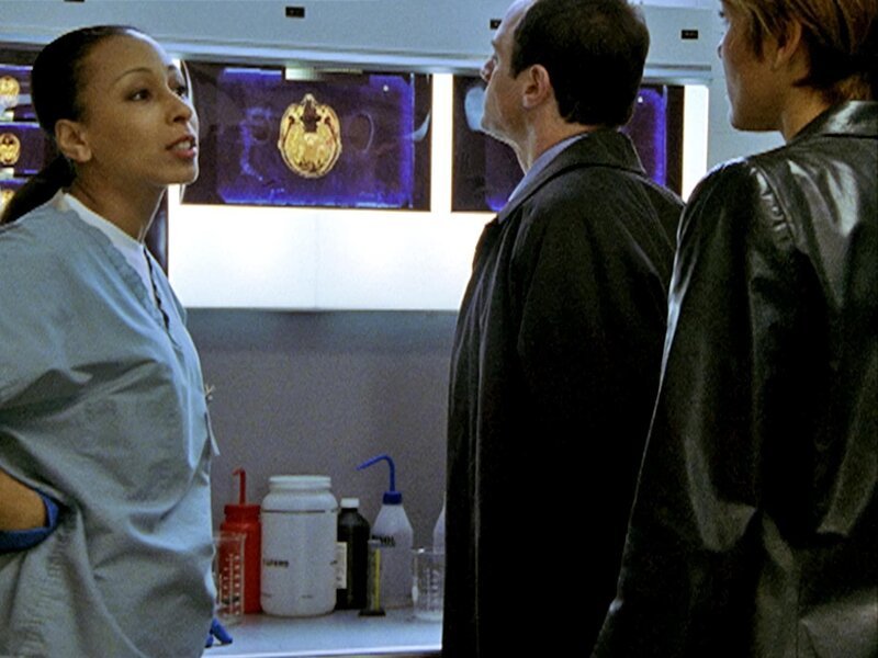 Die Gerichtsmedizinerin Warner (Tamara Tunie, li.) hat herausgefunden, wann der Angriff auf die junge Frau stattgefunden hat. Sie zeigt die Ergebnisse Det. Benson (Mariska Hargitay, re.) und Det. Stabler (Christopher Meloni, mi.) … – Bild: RTL II