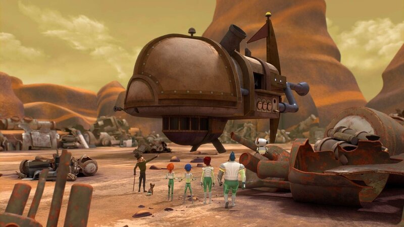 Die Novas landen auf einem unbekannten Planeten voller Schrott. Dort treffen sie unerwartet auf Phil mit seinem Hund Calisto. Er führt sie zu seinem dampfbetriebenen, selbstgebauten Schiff, das völlig ohne Elektrizität funktioniert. – Bild: SLR Productions Pty Ltd, Giggle Garage Sdn Bhd, Create NSW and Screen Australia