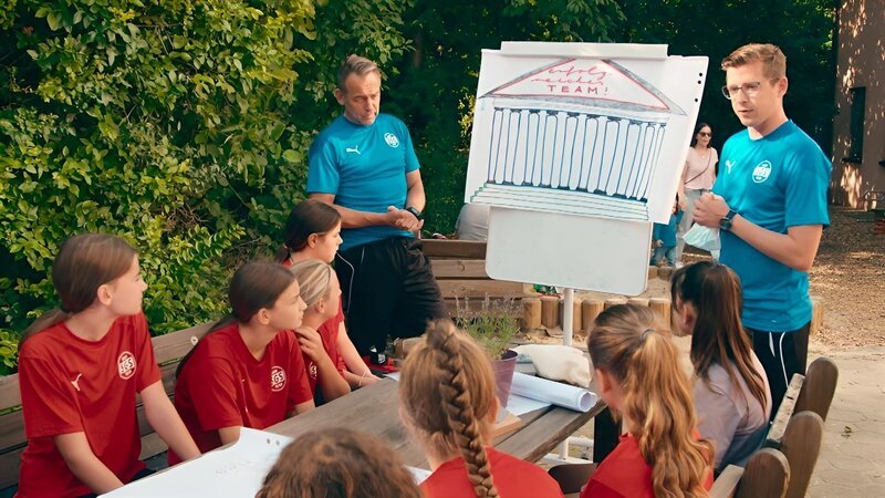 Eine für alle und alle für eine: Trainer Hardy Corbeck und Christian van Zwamen erarbeiten mit der Mannschaft einen Teamkodex. – Bild: WDR/​Karin de Miguel Wessendorf/​Jennifer Günther/​Conny Beißler/​Gerardo Milsztein