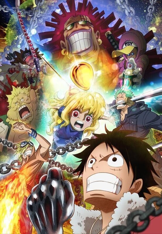 Vorne: Luffy; Eechtsdrehend: Sanji (l.), Ashe Myskina, Naomi Drunk, Mad Treasure, Psycho P, Zoro (r.) und Olga (m.). – Bild: Eiichiro Oda/​Shueisha, Toei Animation