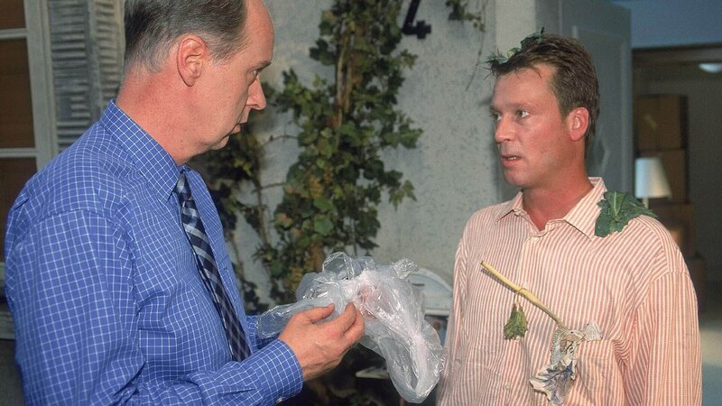 Der neue Nachbar der Degenhardts, Herr Decker (Jörg Heinrich, re.), ist entsetzt: Hendriks (Gottfried Vollmer) Müll ist statt in der Tonne auf seinem Kopf gelandet … – Bild: RTL /​ Guido Engels