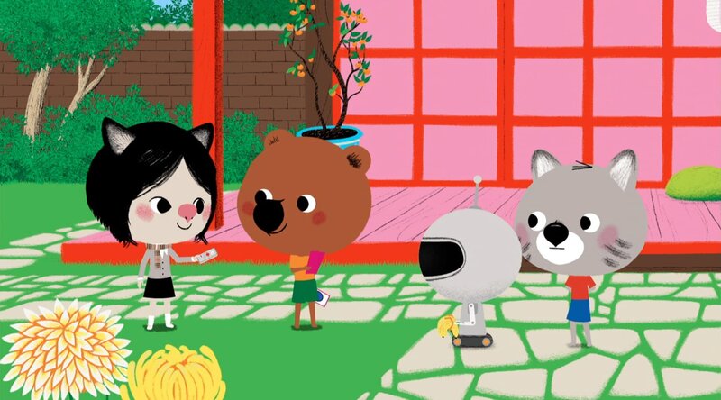 In Tokio werden Mouk und Chavapa von ihrer Freundin Atu eingeladen, die ihnen etwas ganz Besonderes zeigen will. Es ist ein Roboter, der leicht zu programmieren ist. – Bild: KiKA/​Millimages