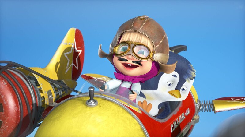Leider benutzt Mascha beim Flugzeug des Pinguins Teile des Staubsaugers und des Rasensprengers, was die Flugeigenschaften des Geräts stark beeinträchtigt. – Bild: KiKA/​Animaccord Animation Studio